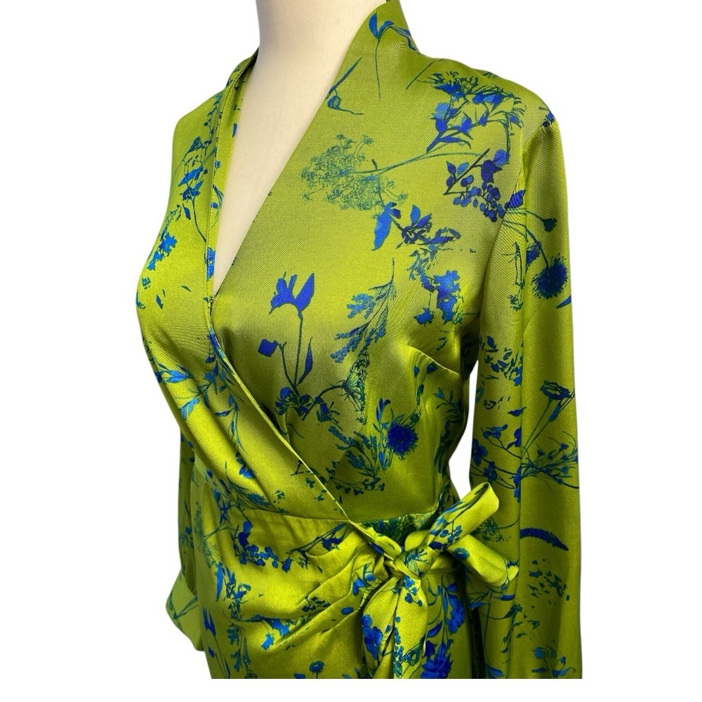 I.N.C. International Concepts Satin Wrap Dress Green Floral Elegant Size XS - Picture 6 of 14